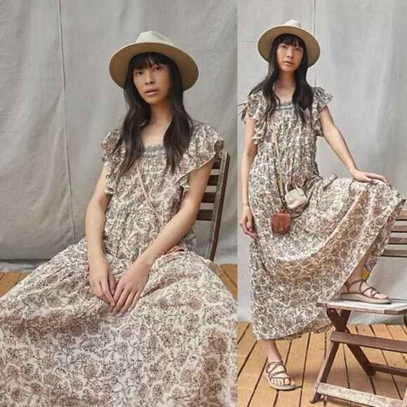 FREE PEOPLE BONITA MIDI DRESS FLORAL TEA COMBO BLUSH BEIGE BLACK L NWT - Picture 1 of 12